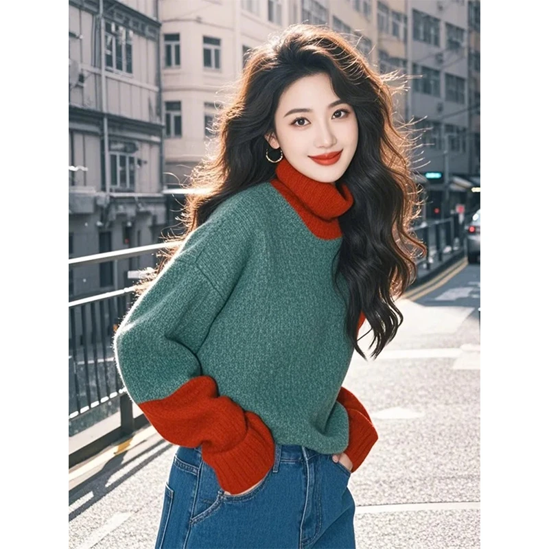 冬季新款时尚外搭针织衫软糯慵懒风高级感法式气质红绿撞色毛衣女