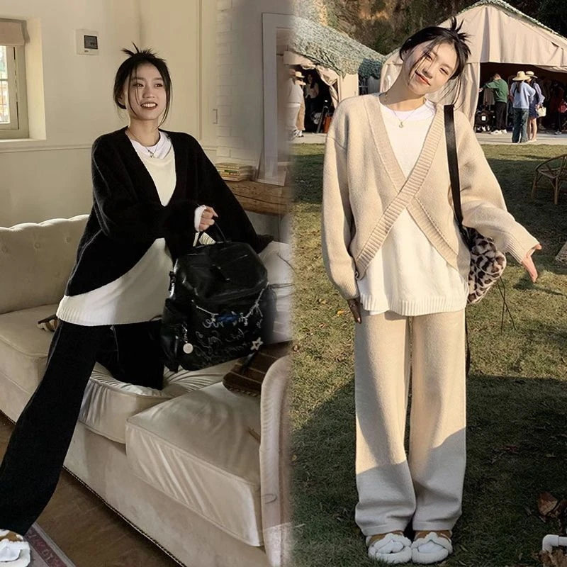 秋冬装套装女2024韩系新款奶系穿搭韩系慵懒风针织上衣裤子两件套