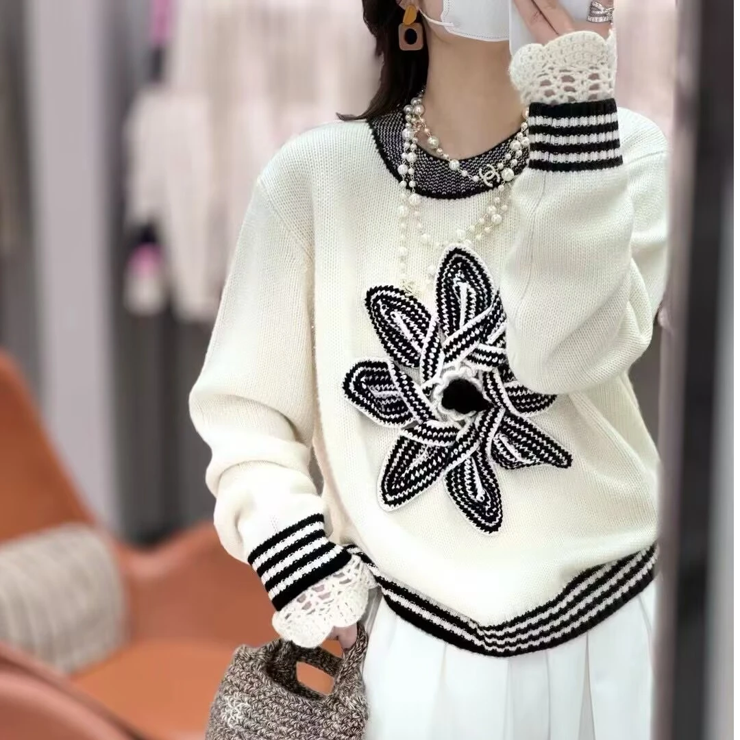 2024秋冬新款重工羊绒衫女100%纯山羊绒立体刺绣花朵套头毛衣