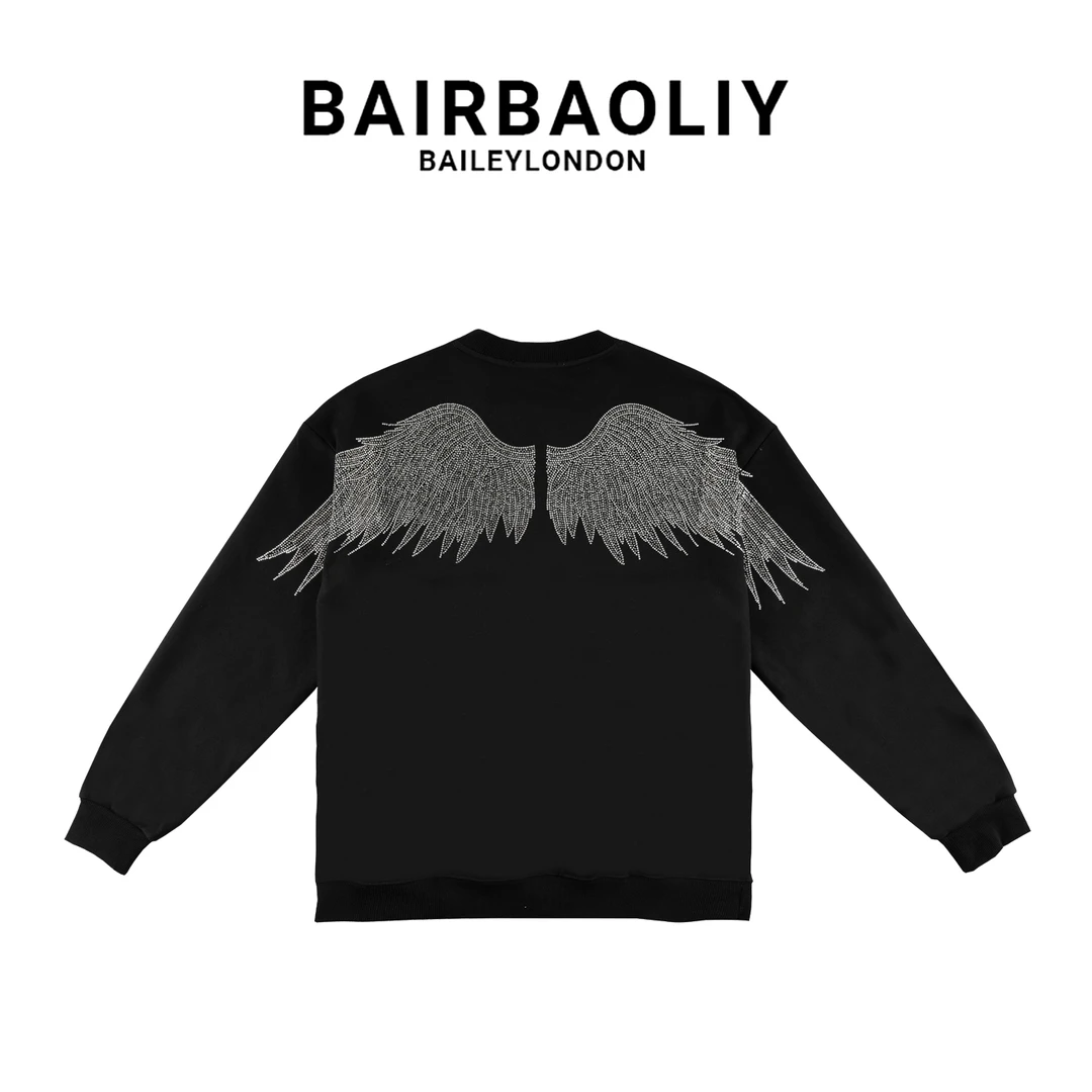 BAIRBAOLIY秋冬新款高端天使翅膀烫钻百搭宽松男士休闲圆领卫衣