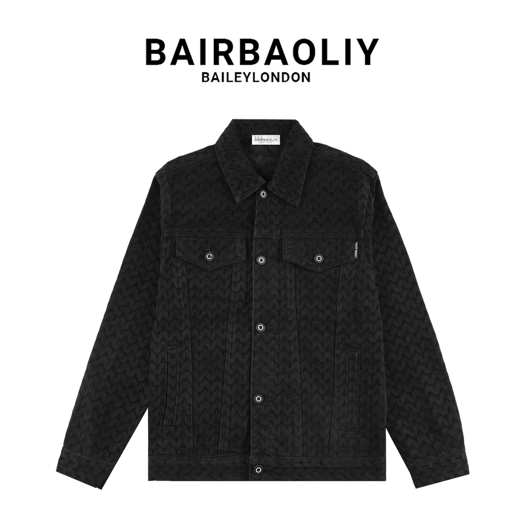 BAIRBAOLIY时髦高街秋冬牛仔外套男黑色宽松翻领夹克复古休闲上衣