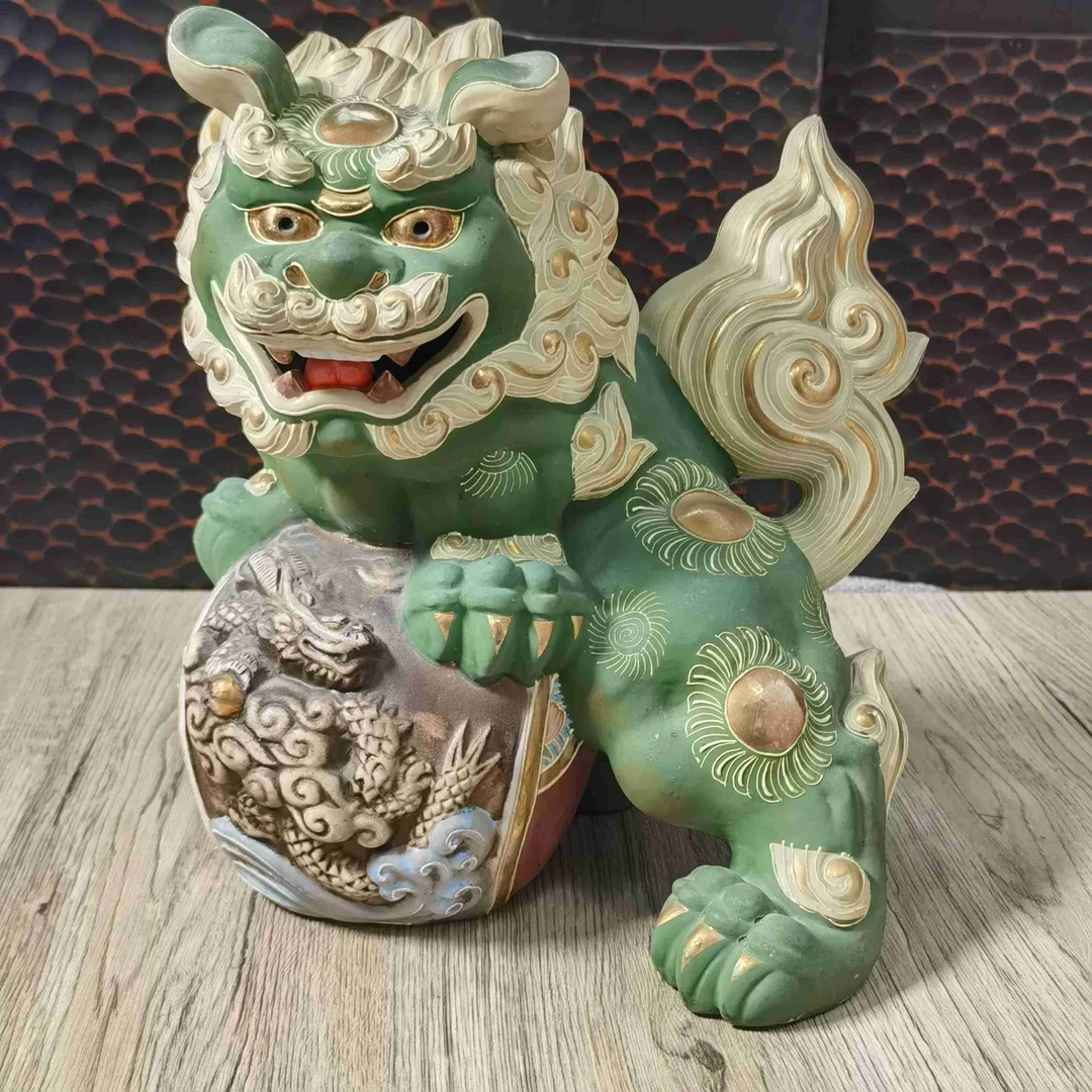 九谷烧狮子大小狮子老物件盛绘摆件装饰物陶瓷复古工艺品瑞兽礼品