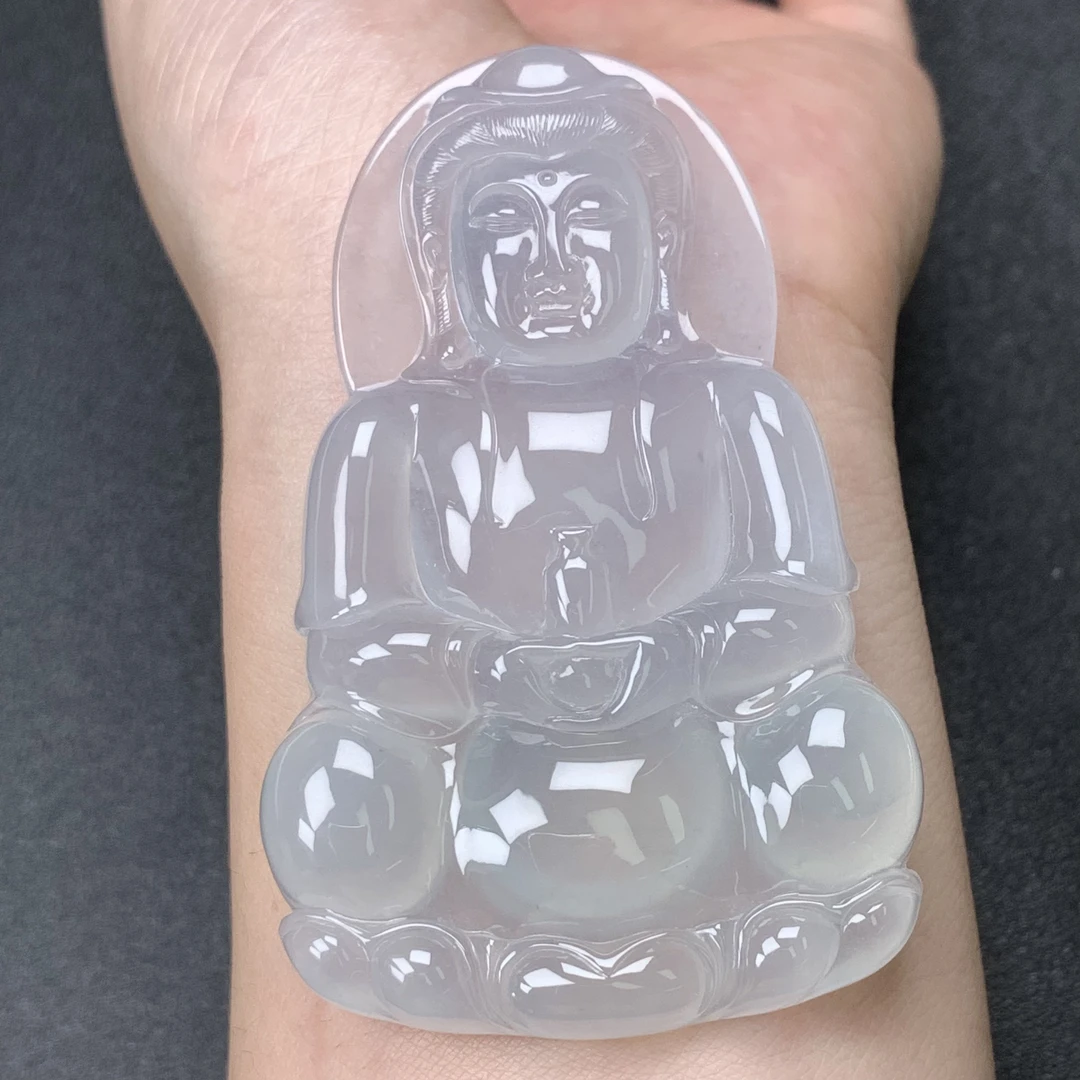 天然缅甸翡翠A货 白冰大观音吊坠 四七牌73.2*47*8mm配高货绳证书