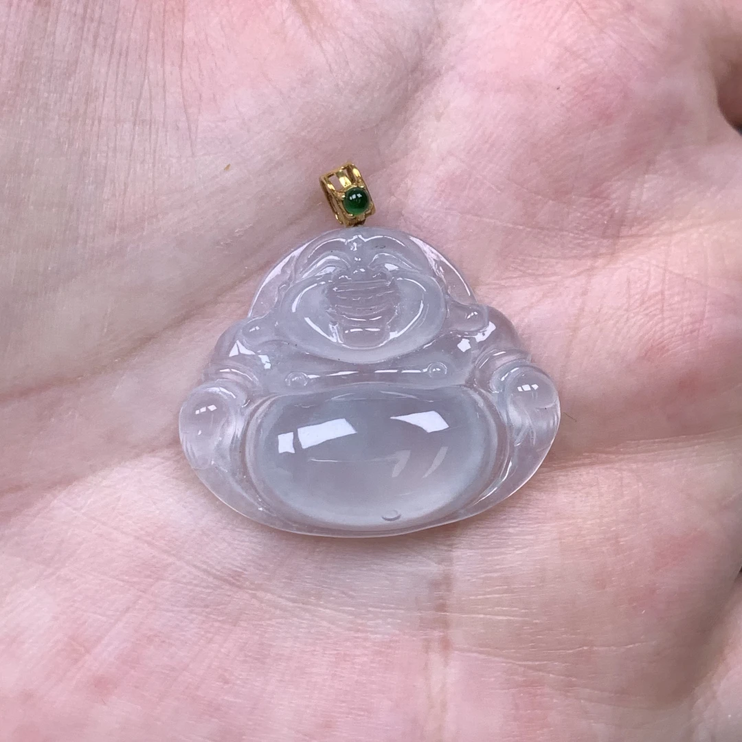 天然缅甸翡翠A货 18k镶白冰佛公吊坠 配s925银链证书礼盒