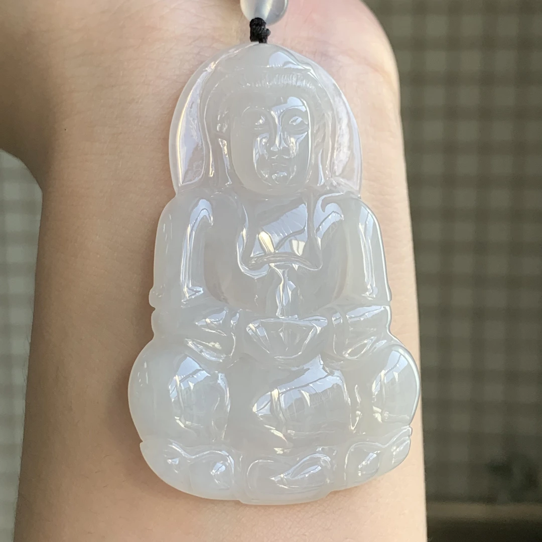 「福利观音」天然缅甸翡翠A货 糯化种纯白观音吊坠59.3*38.4*5.5mm