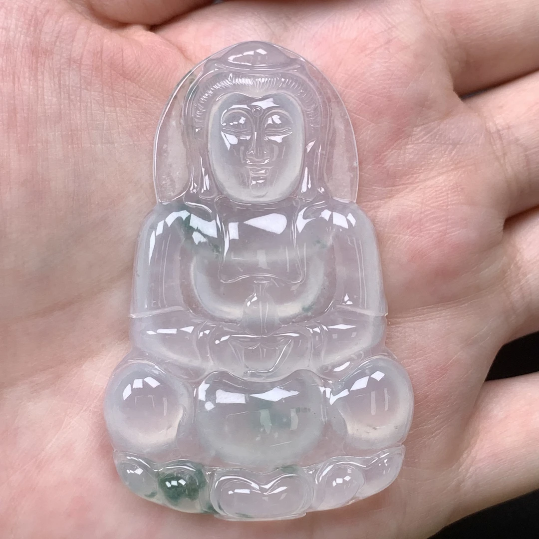 天然缅甸翡翠A货 冰种翡翠观音吊坠飘花 60.7*39.2*6.4mm配高货绳