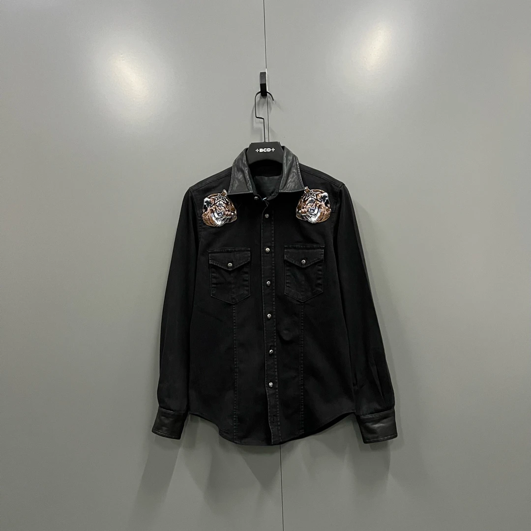 （jpy）131 PHILIPP PLEIN 虎头刺绣翻领衬衫 S码/98新/公价6800