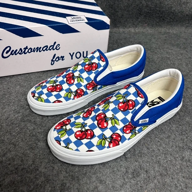 vans 樱桃印花 一脚蹬 板鞋 白蓝 配盒 ABCD16