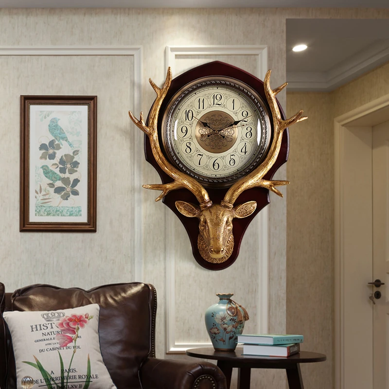 客厅挂钟欧式创意静音钟表美式家用大气福鹿装饰墙钟新中式石英钟