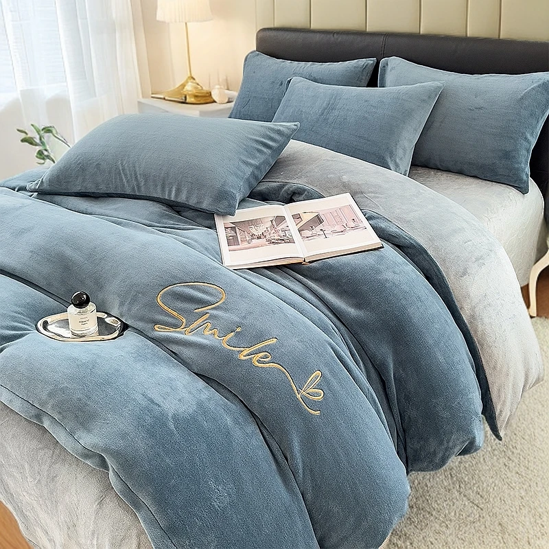 加厚牛奶绒刺绣四件套加绒被套床单双人床被罩冬季宿舍加绒四件套