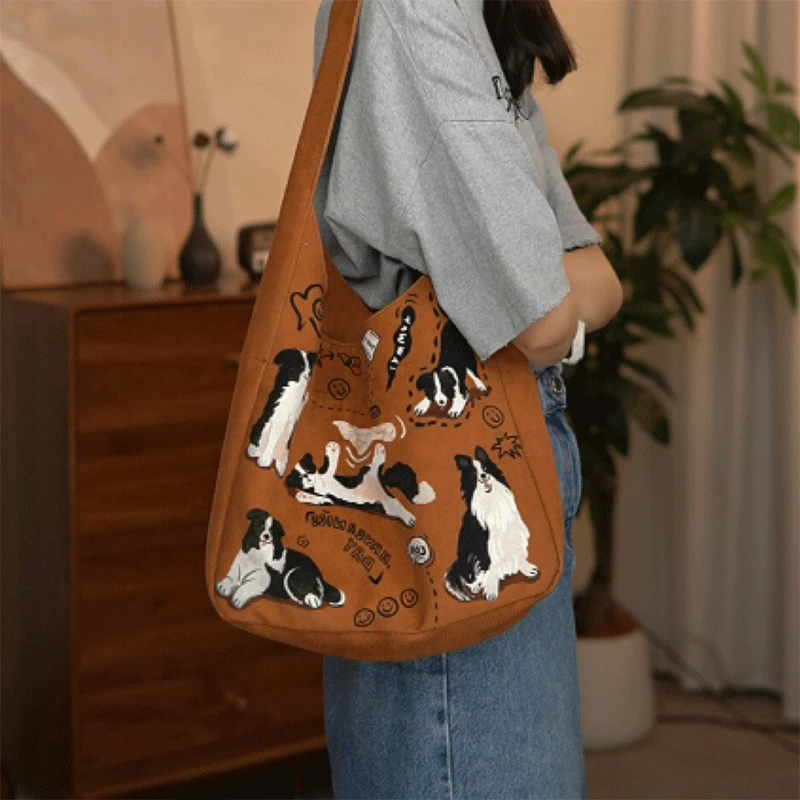 尼睿×小短腿 复古单间包小众原创可爱小狗印花大容量休闲帆布包