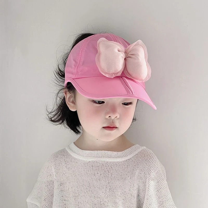 儿童帽子韩版洋气蝴蝶结空顶鸭舌帽女宝可扎马尾遮阳帽防晒棒球帽