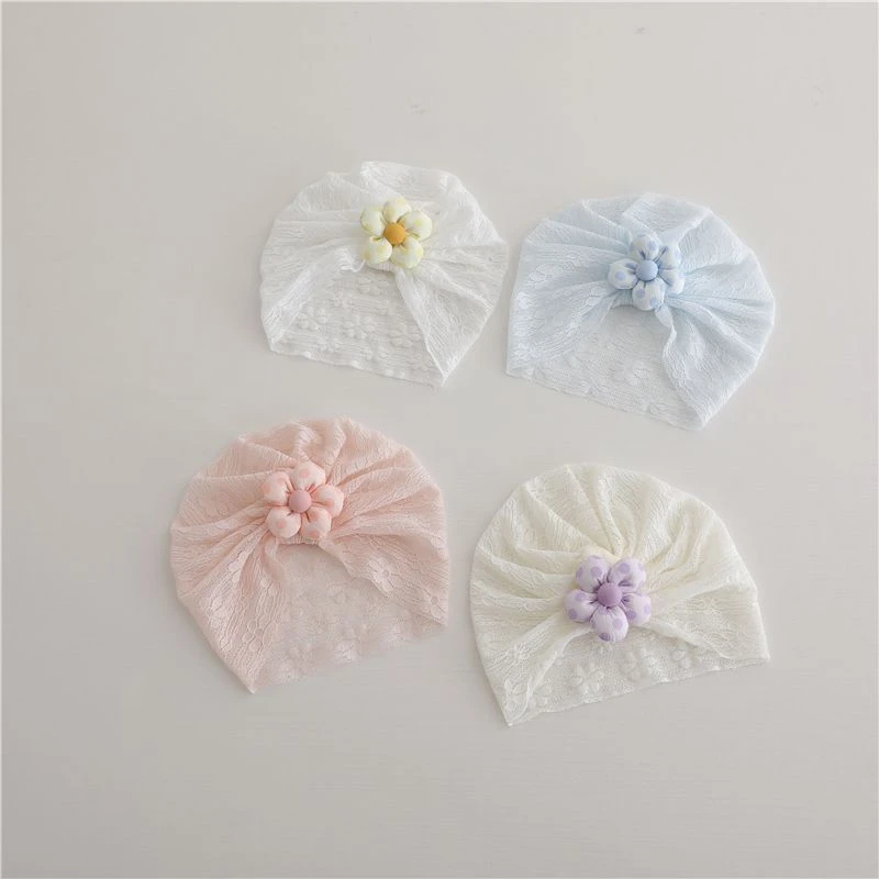 婴幼儿护卤门帽子夏季薄款新生儿柔软透气胎帽宝宝蕾丝花朵印度帽