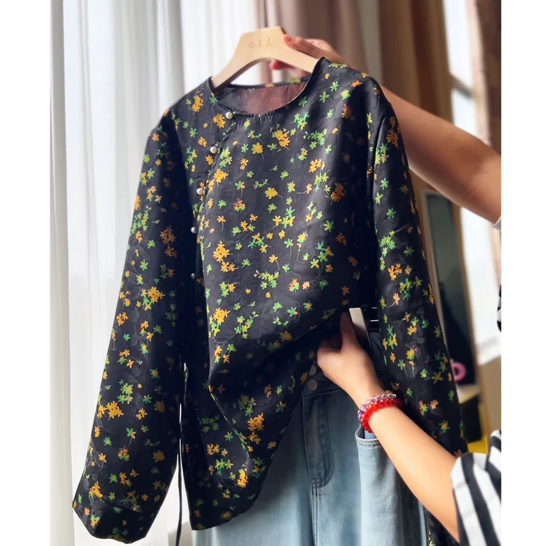 【四叶草DY1981】樱美嘉桑蚕丝香云纱圆领衬衫新中式百搭款时尚打底