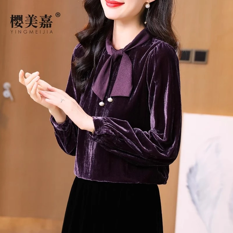 微瑕14989樱美嘉春秋款温柔甜美真丝丝绒衬衫女蝴蝶结气质桑蚕丝