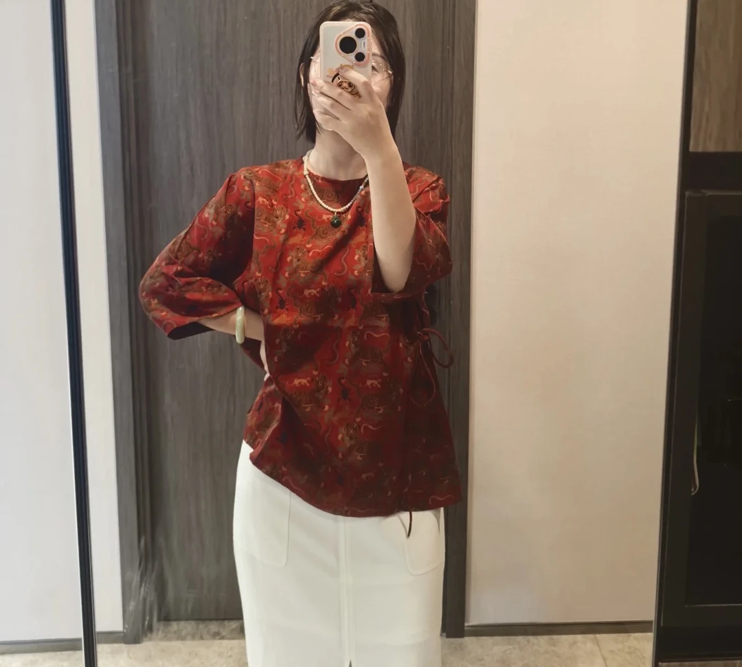 《虎镇五毒DY1735》樱美嘉香云纱花罗桑蚕丝斜襟衬衫国风开衫圆领