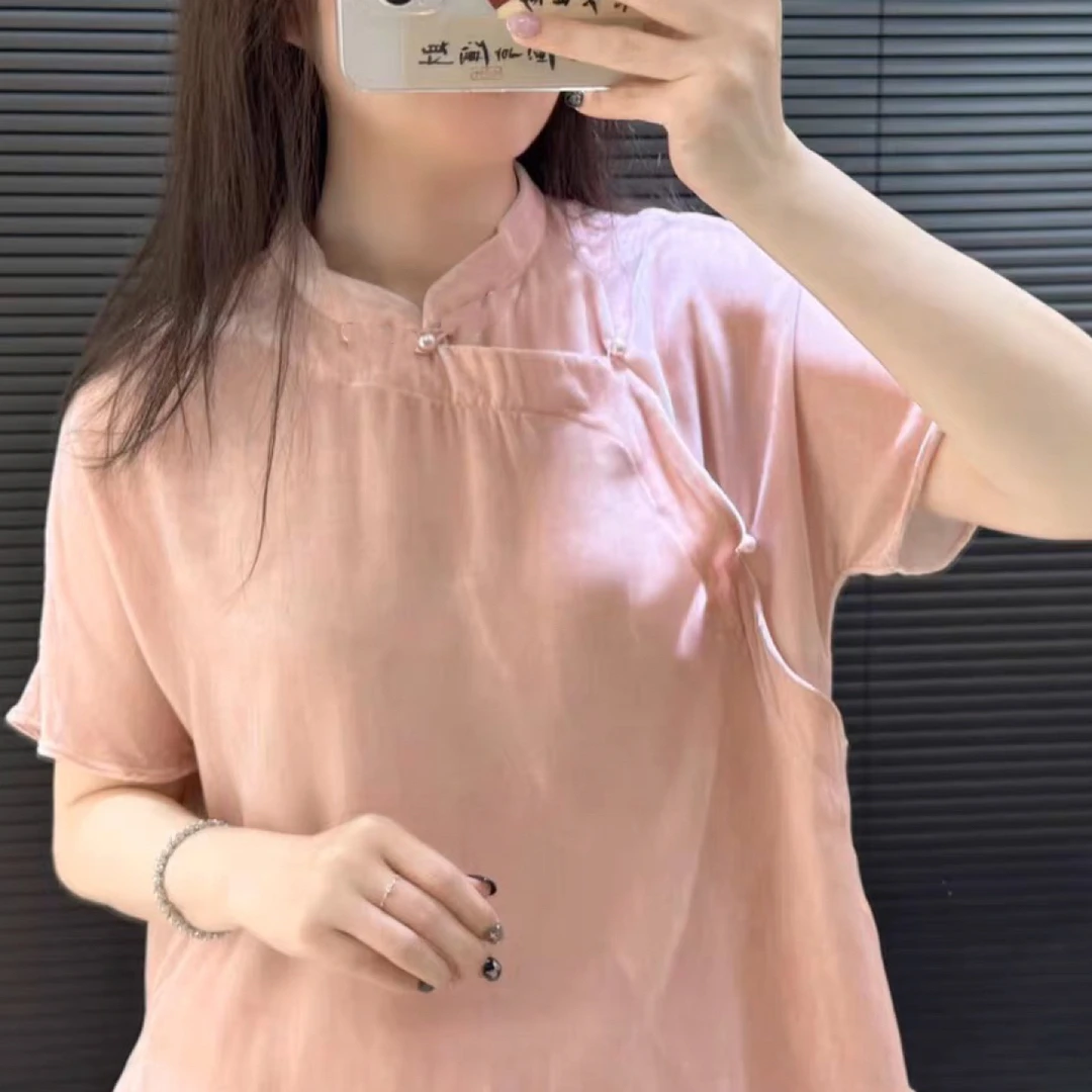 L036樱美嘉真丝桑蚕丝丝绒减龄盘扣立领短袖新中式国风斜襟上衣