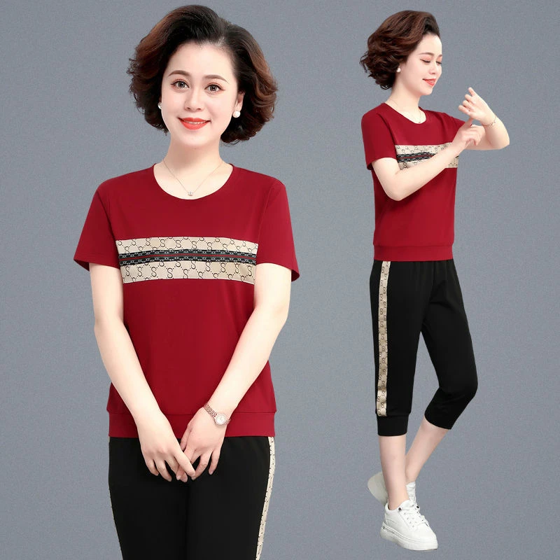 妈妈夏装运动套装2025新款中老年女夏季短袖t恤洋气上衣服两件套