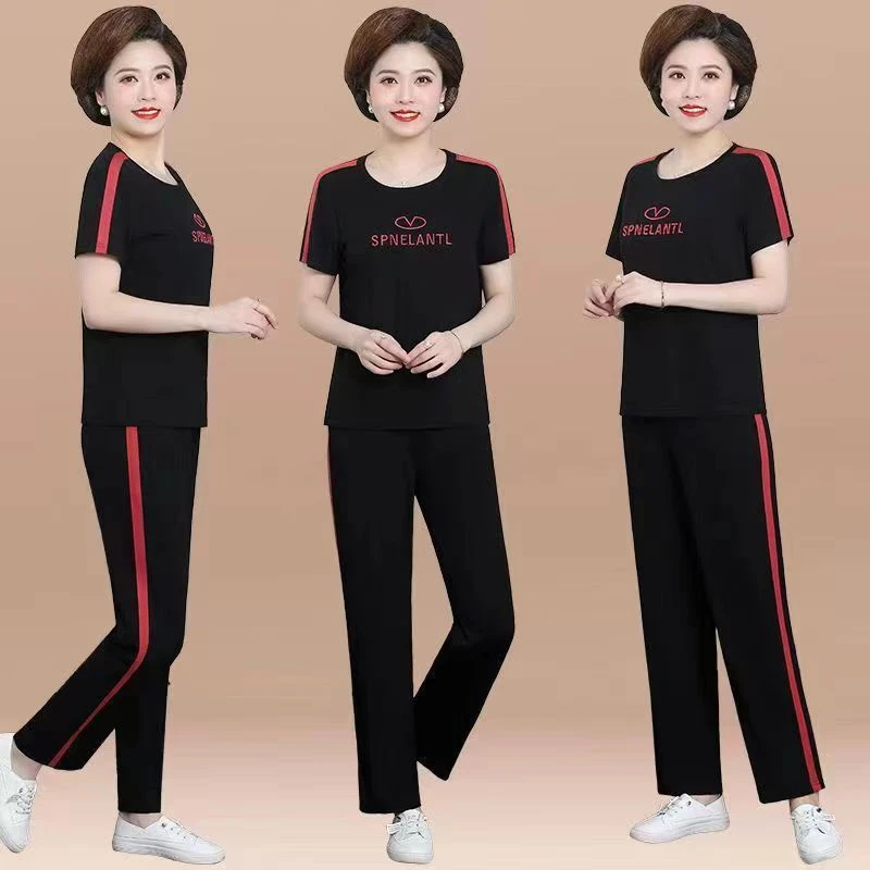 妈妈夏装气质短袖T恤中年妇女洋气上衣两件套中老年运动服套装女