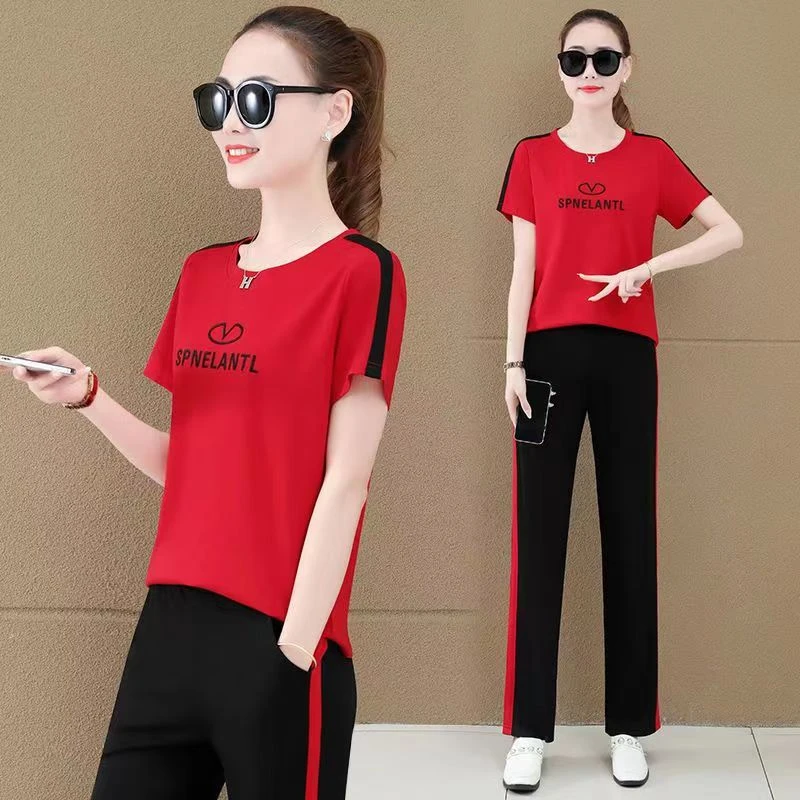 中年妈妈洋气夏装短袖T恤两件套2025新款中老年人女装运动服套装