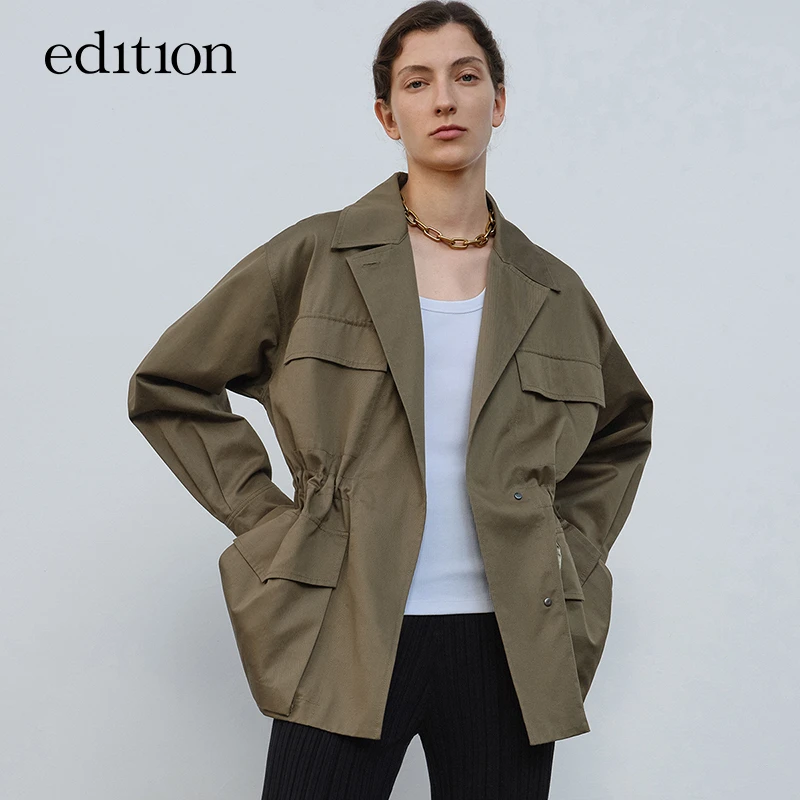 edition工装外套女春新款西装领抽绳收腰绿色风衣外套#EBB1COTT03