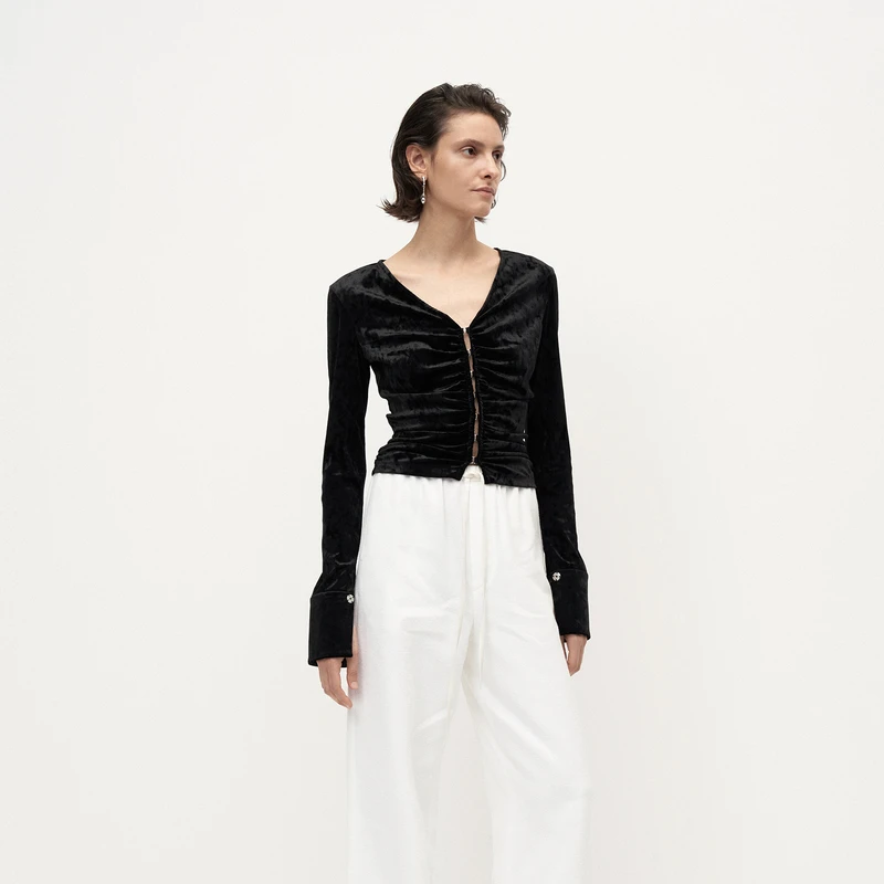 【商场同款】edition秋复古丝绒缩褶长袖上衣#EBC3TOP009