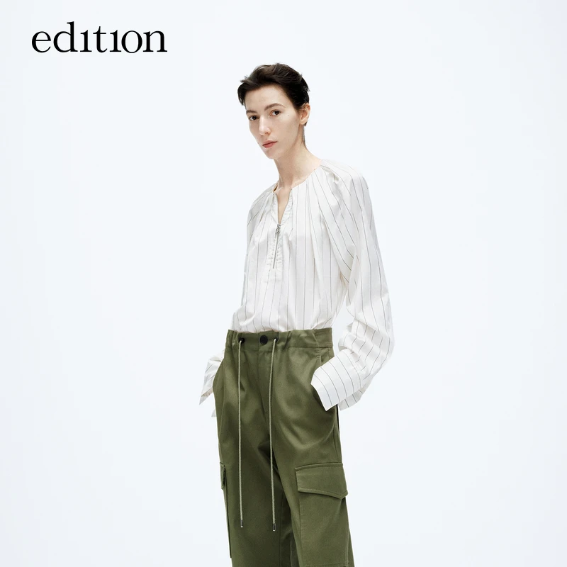 edition春新款衬衫女半拉链桑蚕丝条纹长袖衬衣#EBD1TOPK01