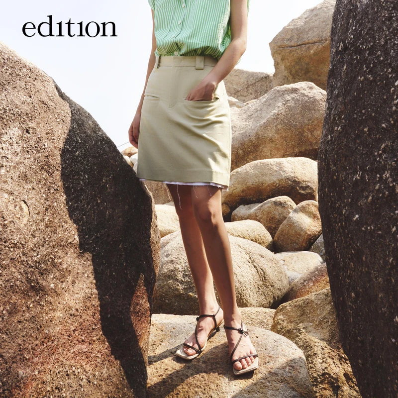 【商场同款】edition夏拼接假两件棉麻半身裙#EBC2SKT011