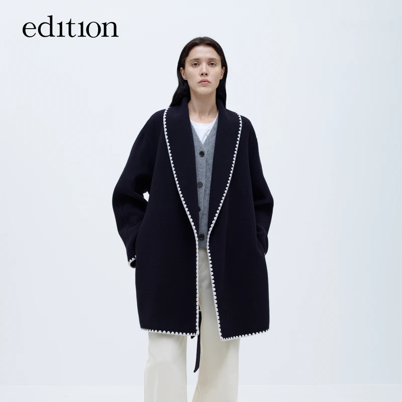 edition冬季时尚休闲毛呢外套女贝壳绣花边双面呢大衣#EBD4OVCK03