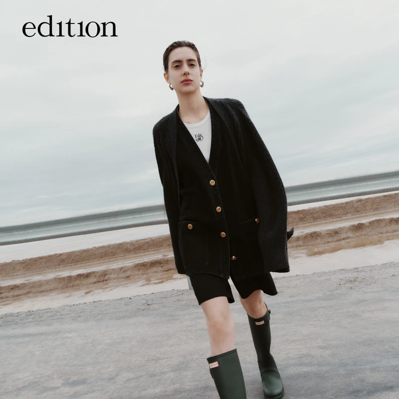 edition短款小外套时尚毛织女牛仔拼接假两件开衫#EBC3COTT11
