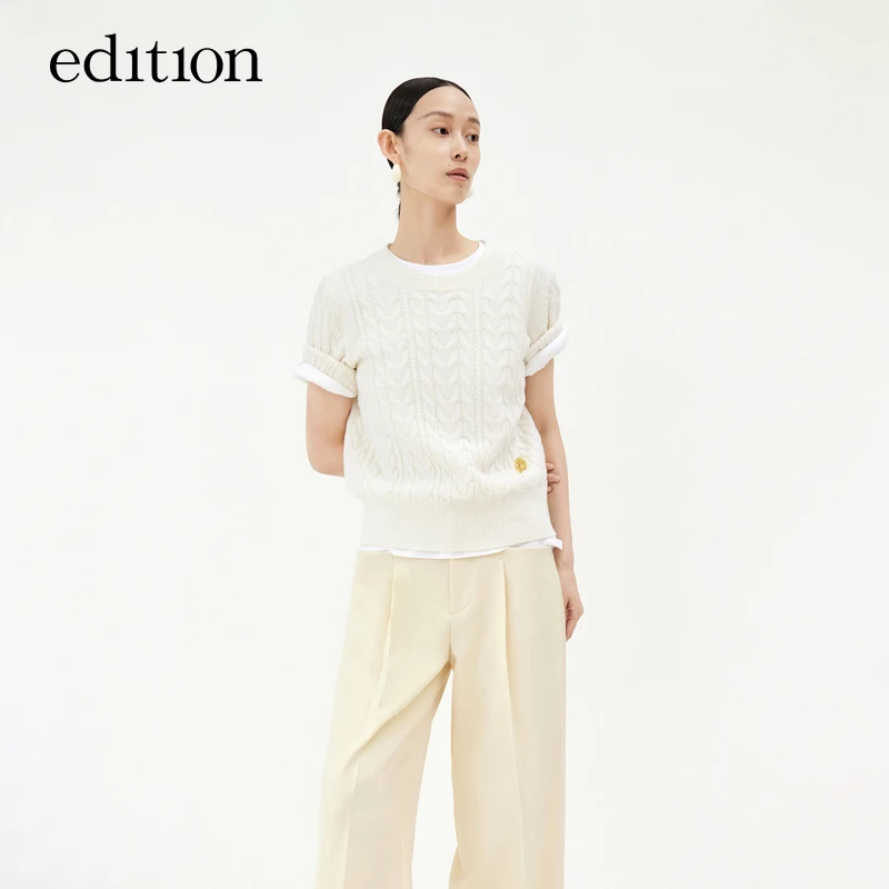 edition羊毛羊绒白色针织短袖女圆领短袖毛衣#EBC1SWTT06