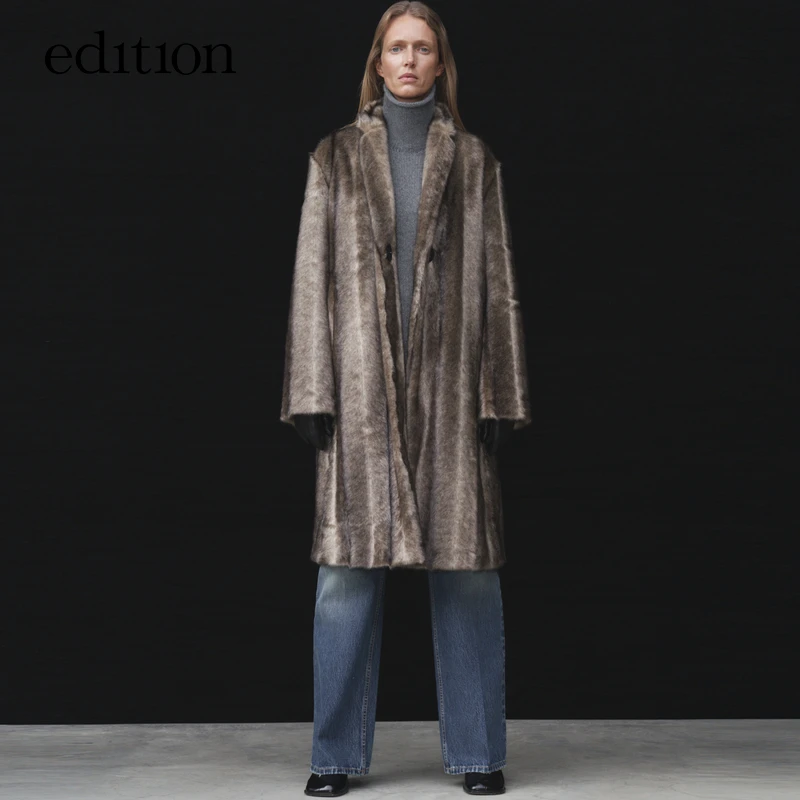 【P系列】edition冬款烟咖色仿水貂毛毛呢时尚休闲外套#EBC4FUR004