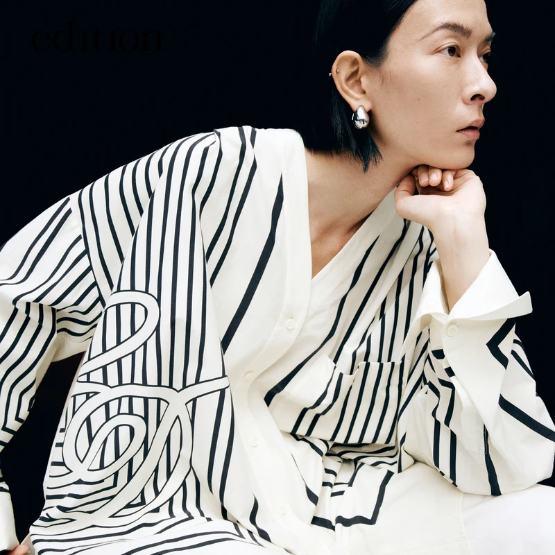 edition春新款衬衫女黑白条纹V领丝棉宽松上衣#EBD1TOPK07