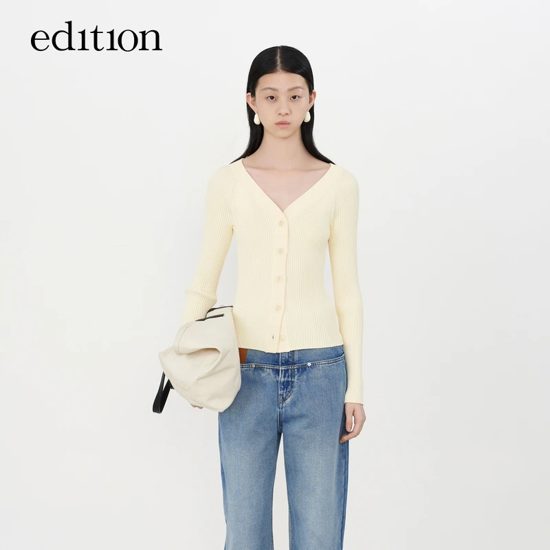 edition2023新款弹力修身打底针织开衫女V领百搭上衣#EBC1SWTT03