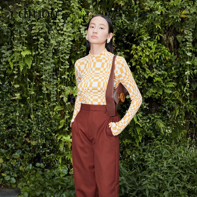 【商场同款】edition雅丹风棋盘格打底衫女修身长袖#EBB3TOP008