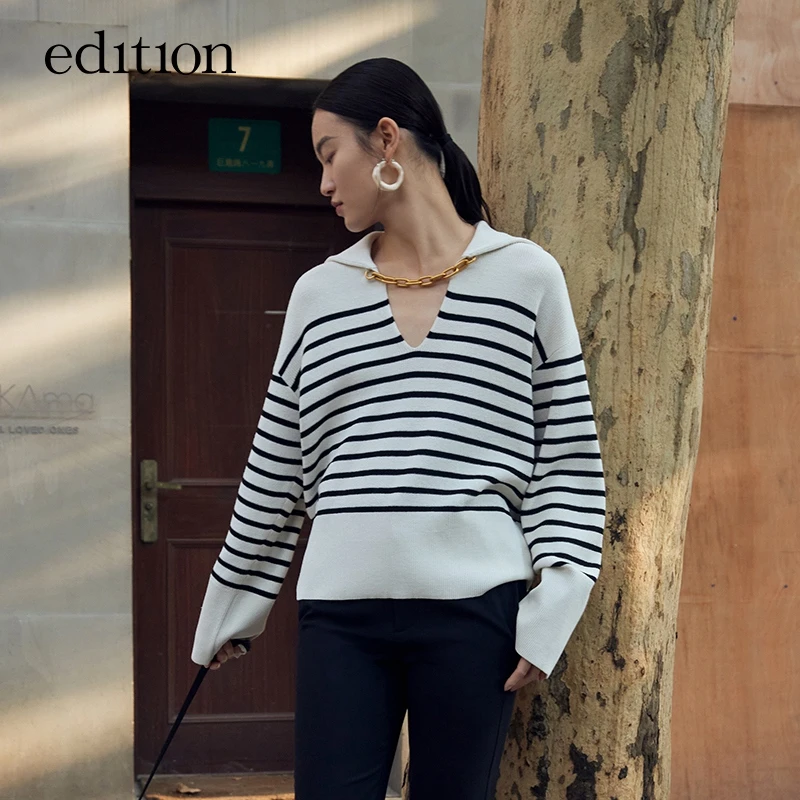 【赵老板专属】edition海军领条纹可拆链条V领羊毛衫#EBC1SWTT12