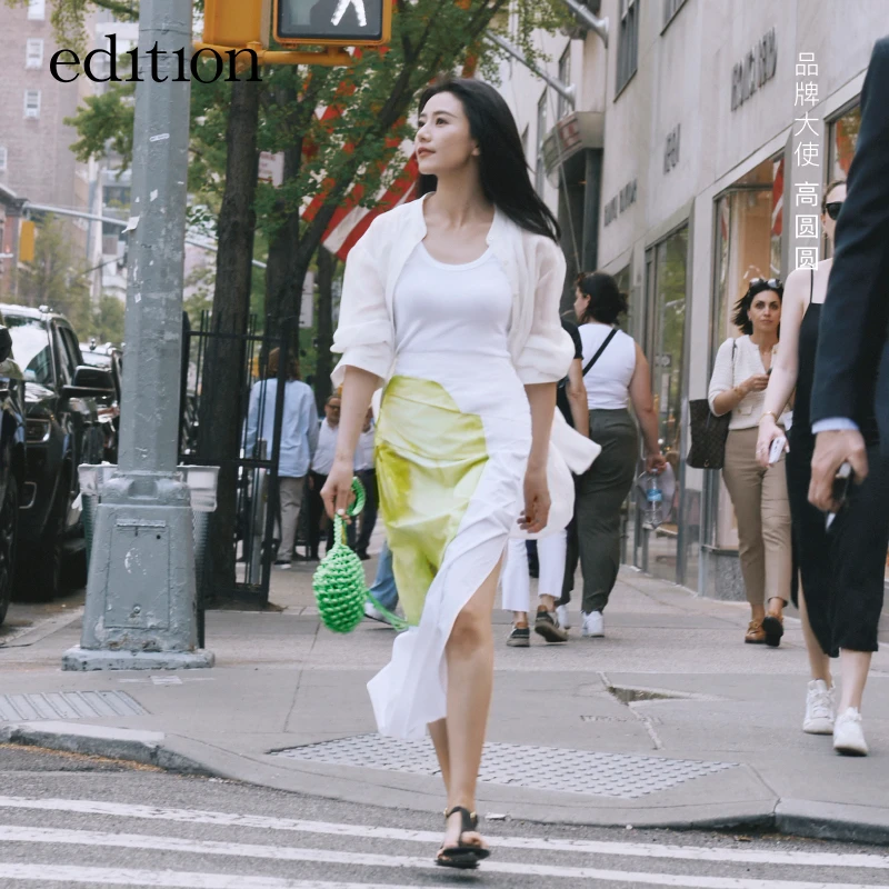 【高圆圆同款】edition夏季青苹果印花开衩半身裙#EBD2SKT027