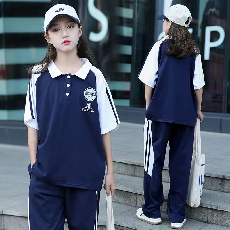 女童套装2025新款中大童学生运动舒适嘻哈两件套学院休闲短袖夏日