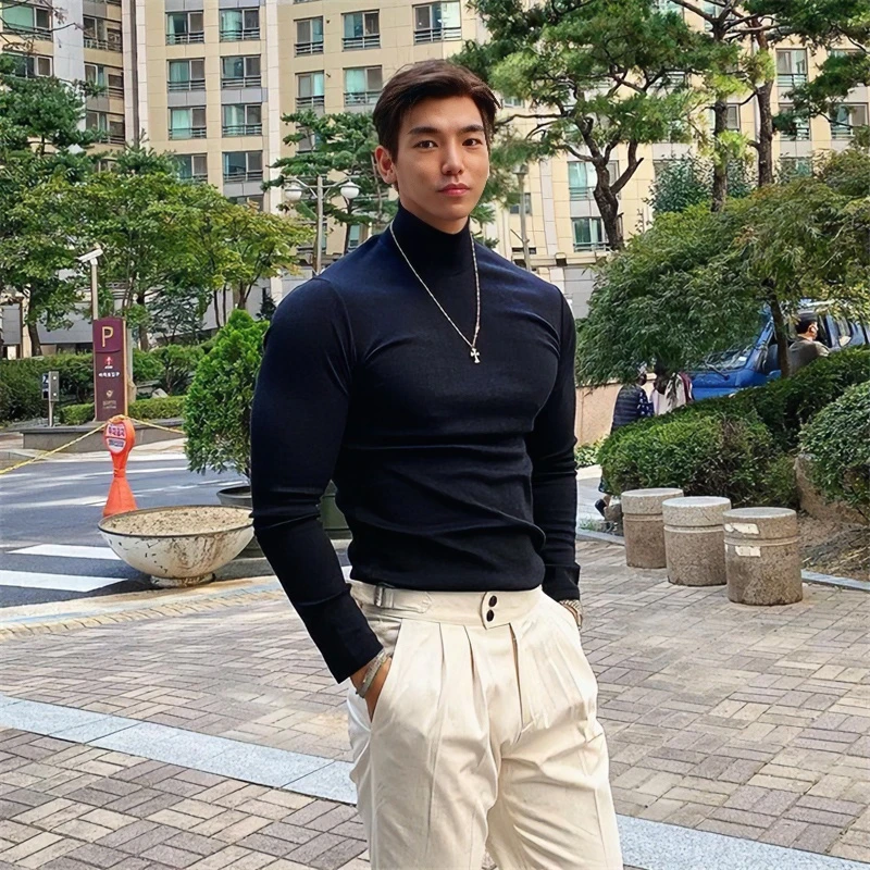 秋冬加绒半高领长袖男士T恤时尚健身运动上衣修身休闲百搭打底衫