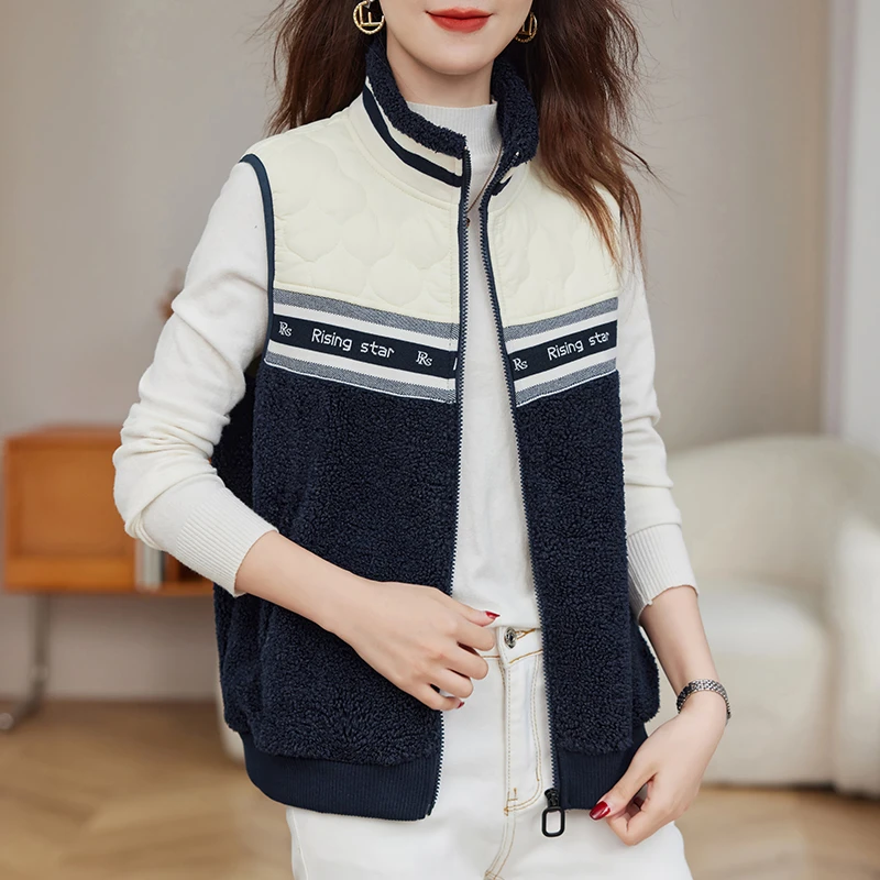 秋冬保暖立领马夹女2024冬季新款时尚休闲外穿马甲拼接羊羔绒外套