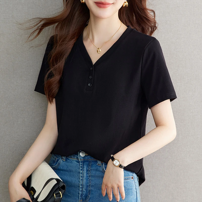 黑色显瘦遮肉V领短袖t恤女士2025年夏季新款爆款宽松气质洋气半袖