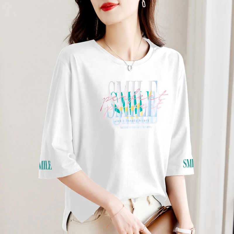 白色七分袖上衣女士t恤2025夏新款宽松爆款时尚显瘦遮肉中袖体恤