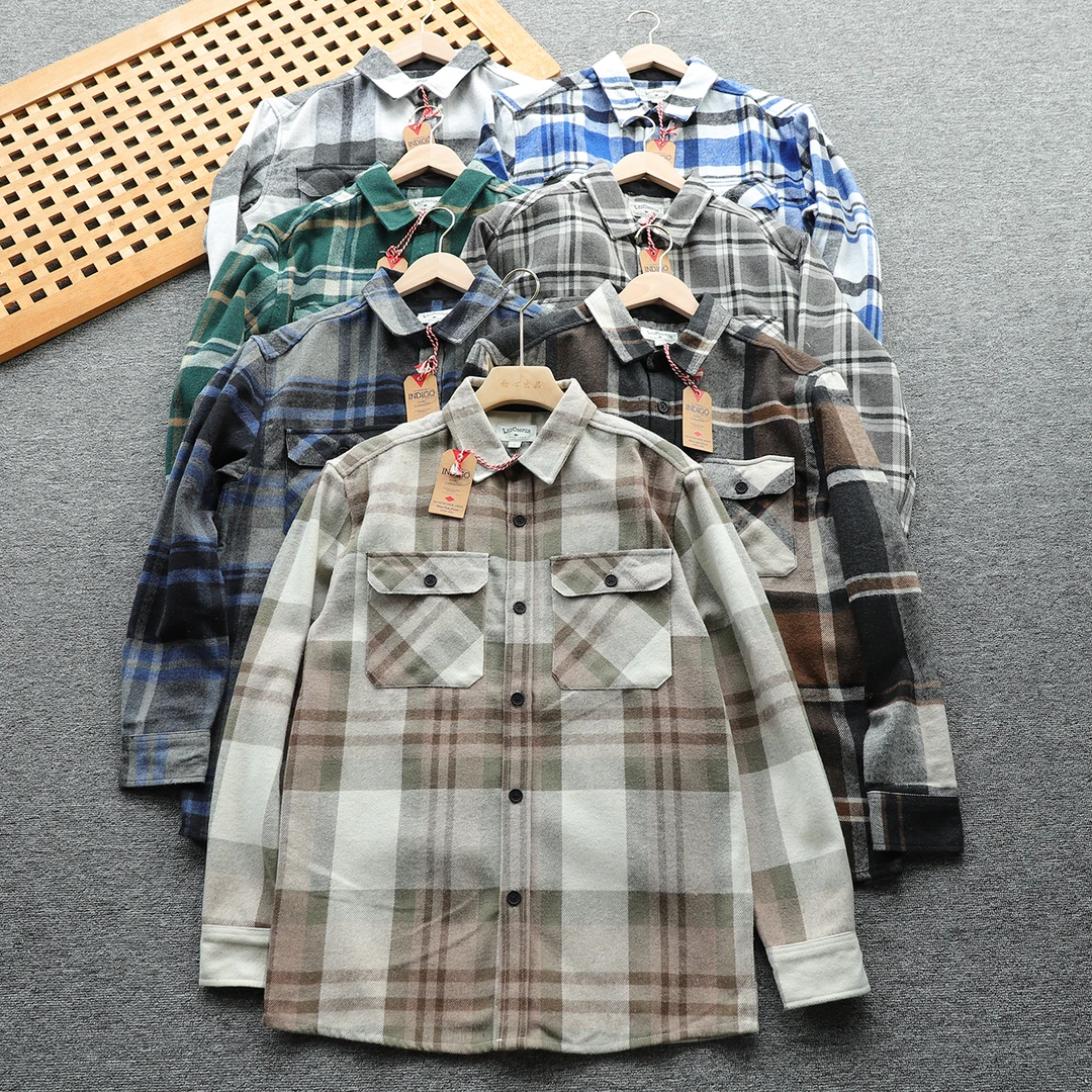 美单 高克重秋冬水洗磨毛复古休闲格子衬衫外套