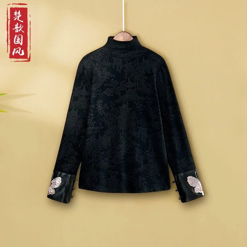 【辰蝶】2024新款秋季国风打底上衣新中式国风半高领长袖T恤衫女款