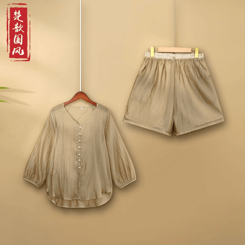 【简沐】2024新款夏季新中式长袖上衣+短裤纯色国风薄款两件套装女