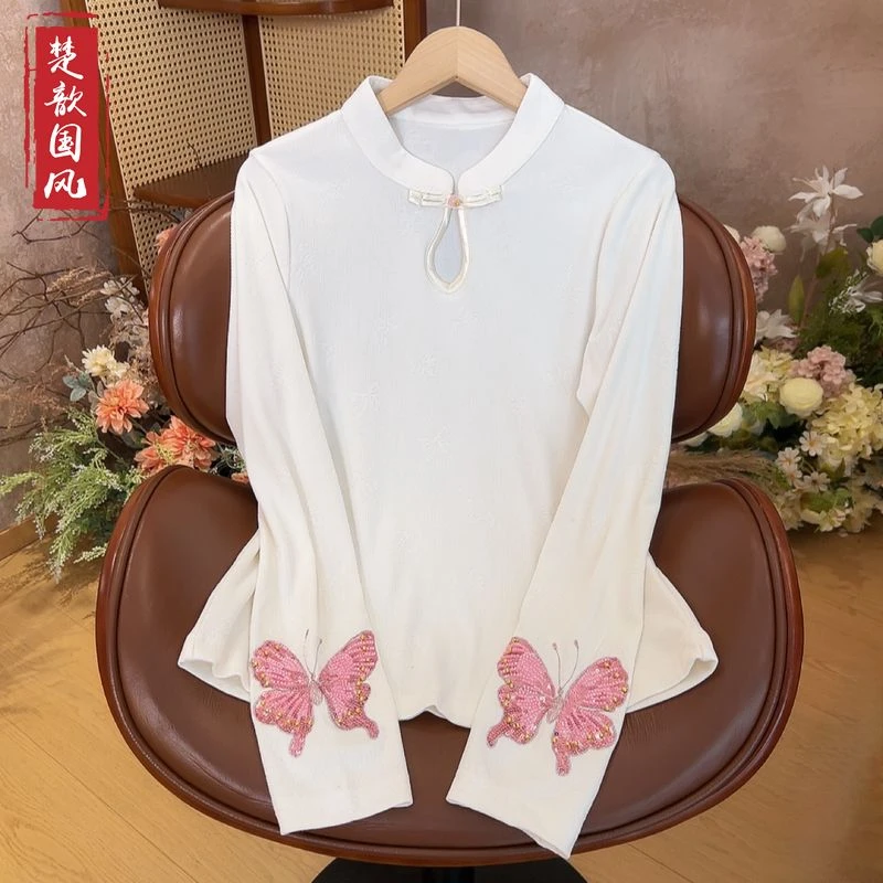【珠蝶】秋冬国风打底上衣新中式国风立领绣花长袖T恤衫女