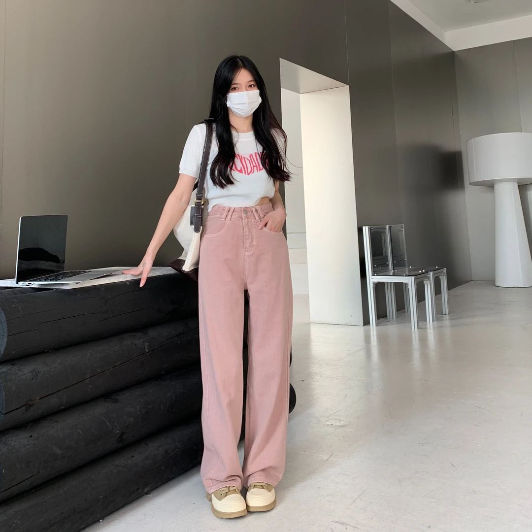 脏粉色牛仔裤高腰女春季新款复古辣妹宽松显瘦直筒窄版阔腿拖地裤