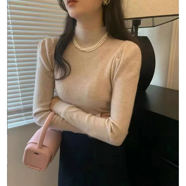 半高领秋冬新款毛衣针织衫年轻修身泡泡袖设计感打底衫百搭上衣