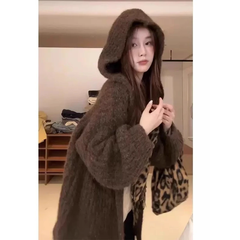 连帽灯笼袖针织毛衣开衫外套女2025秋季新款厚实慵懒软糯显瘦上衣