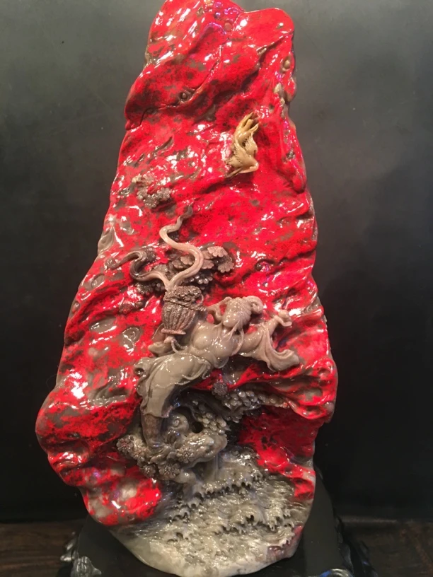 昌化鸡血石牛角地摆件